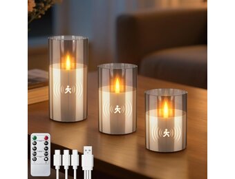 FlyQintess Oplaadbare LED Kaarsen met Bewegingssensor - Grijs - Set van 3 - 10, 12 en 15 cm