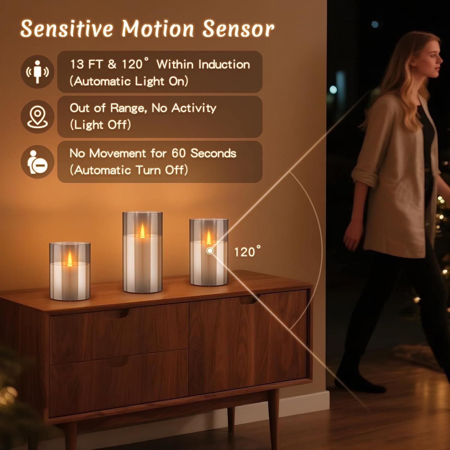 FlyQintess Oplaadbare LED Kaarsen met Bewegingssensor - Grijs - Set van 3 - 10, 12 en 15 cm