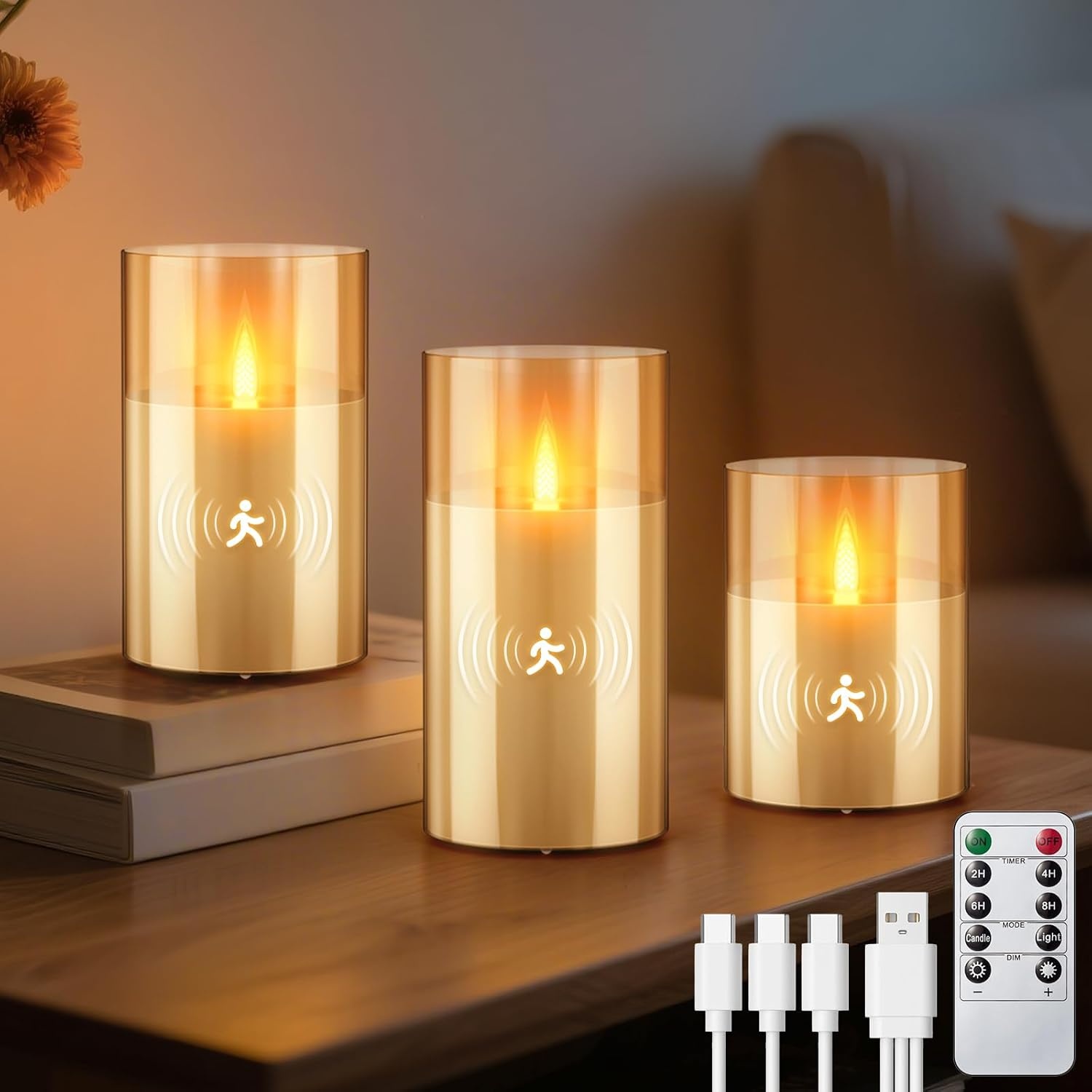 FlyQintess Oplaadbare LED Kaarsen met Bewegingssensor - Grijs - Set van 3 - 10, 12 en 15 cm