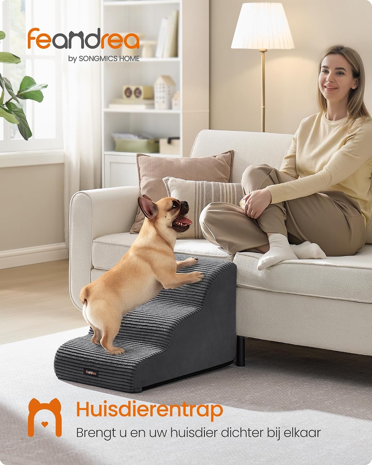 Feandrea Huisdierentrap - 3 treden - 57 x 40 x 40 cm - Leigrijs
