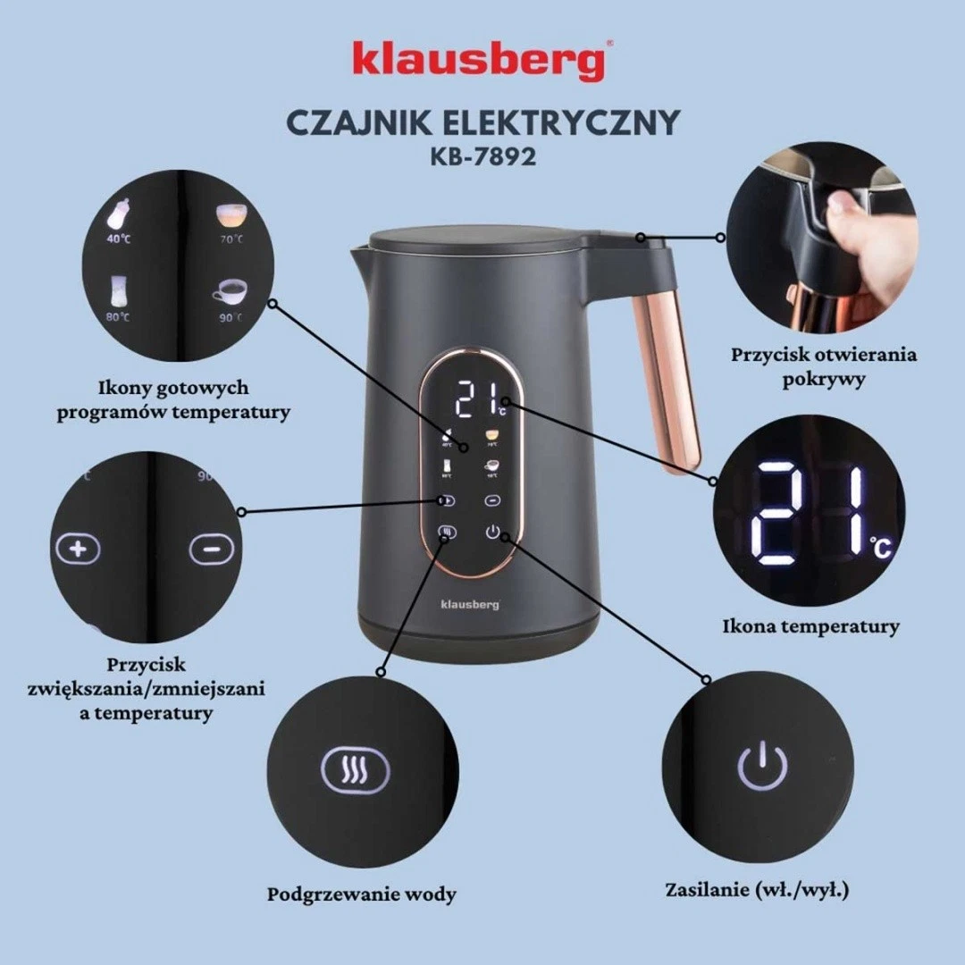 Klausberg KB-7892 Elektrische Waterkoker 1,7L met LED en Temperatuurregeling