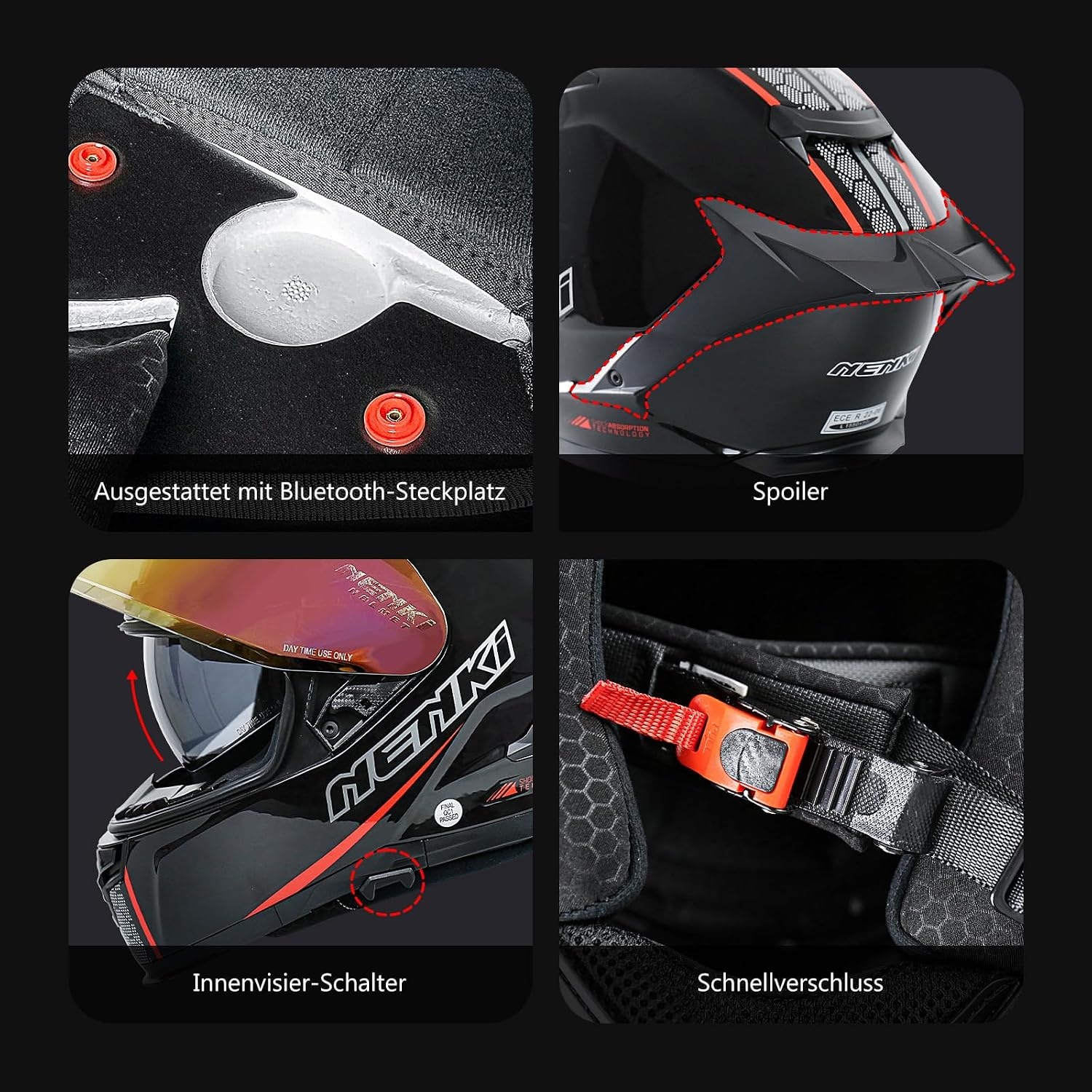 NENKI NK-871 Integraalhelm - Motorhelm met zonnevizier - Zwart/Rood - Maat XL