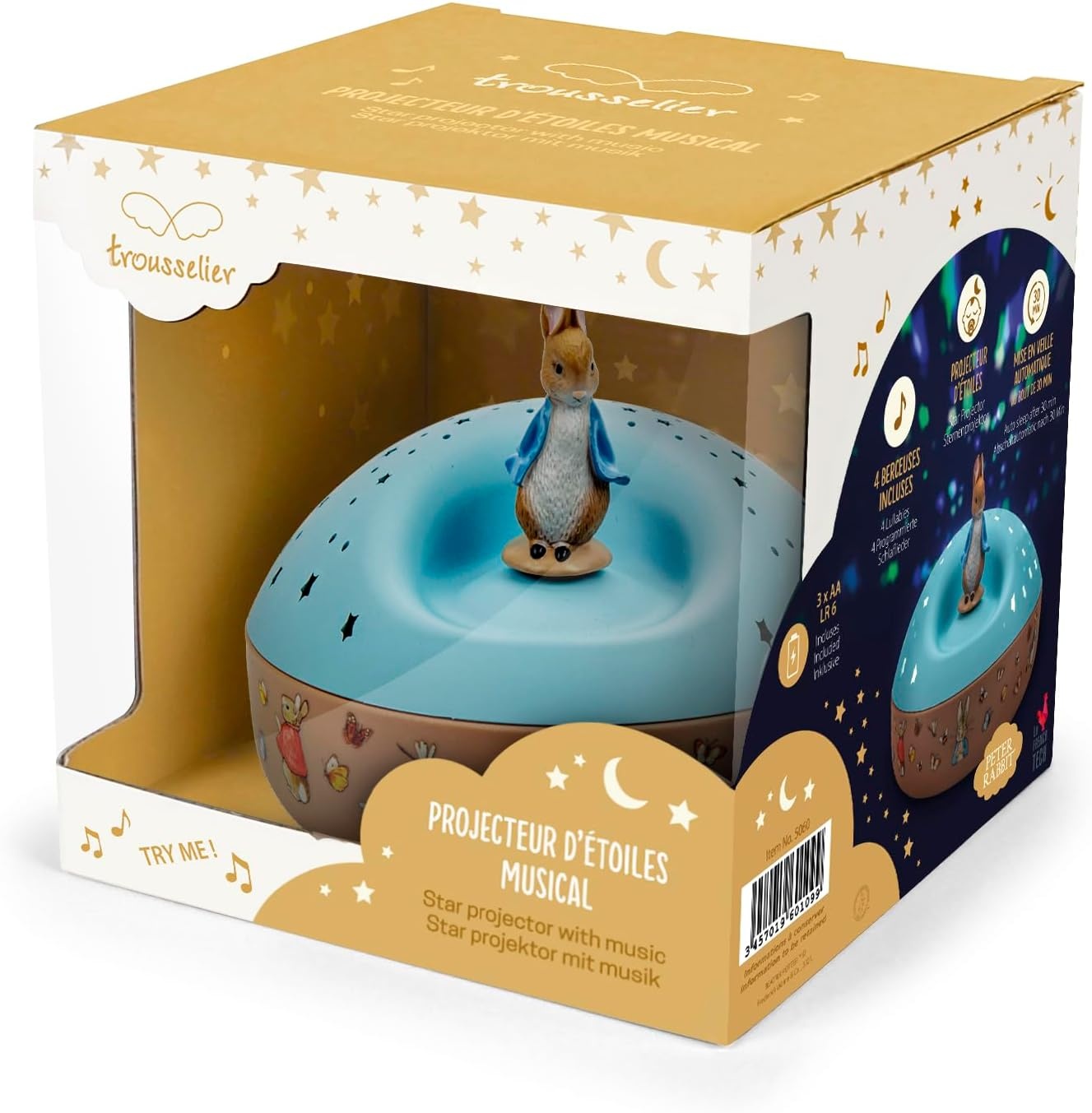 TROUSSELIER - Peter Rabbit. - Nachtlampje - Ideaal cadeau voor kinderen - Muzikale sterrenprojector - Draaibaar figuur - Batterijen inbegrepen