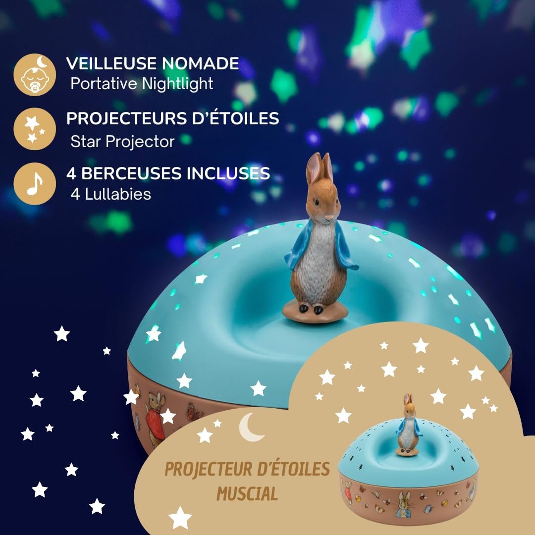 TROUSSELIER - Peter Rabbit. - Nachtlampje - Ideaal cadeau voor kinderen - Muzikale sterrenprojector - Draaibaar figuur - Batterijen inbegrepen