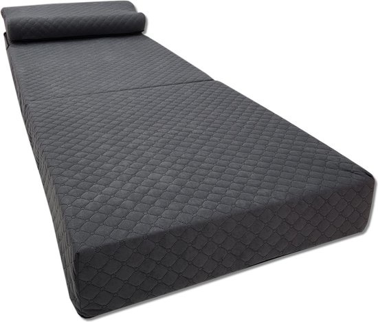 Luxe logeermatras met hoofdkussen- grafiet - camping matras - zitbank - opvouwbaar - 200x70x15 cm