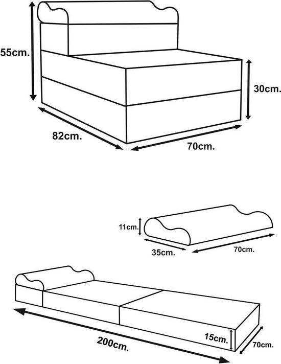 Luxe logeermatras met hoofdkussen- grafiet - camping matras - zitbank - opvouwbaar - 200x70x15 cm