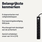 Amazon Basics 6-socket outlet, 600 Joule power strip with surge protection, 1.4 m, black