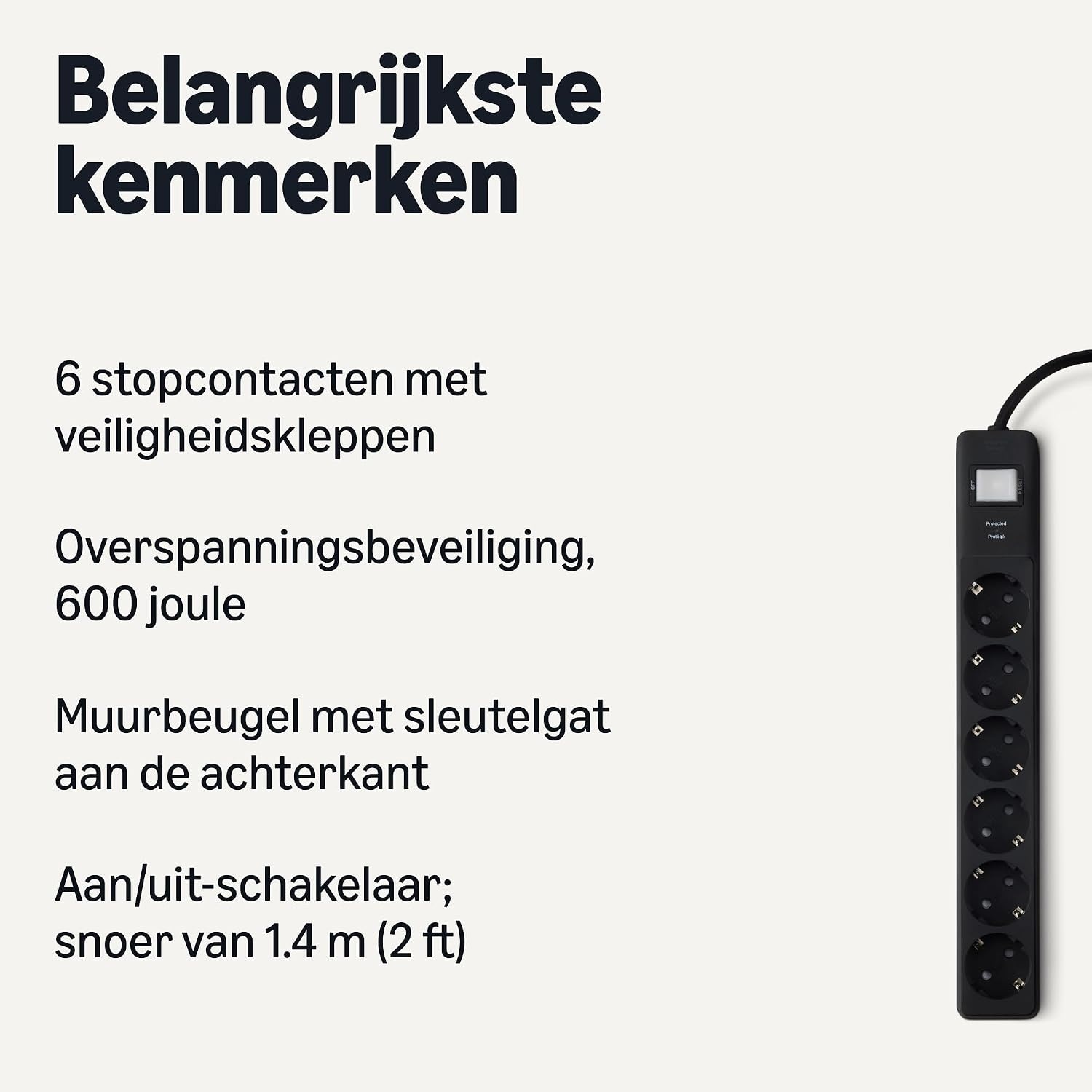 Amazon Basics 6-socket outlet, 600 Joule power strip with surge protection, 1.4 m, black