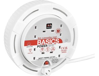 Masterplug Four Socket, 4 Metre Cassette Reel, Small Extension Lead Cable Reel, Wind-Up Retractable Power Cord Reel, Thermal Cut Out, Basic Power, White, 13A, 4G, 4m, SCT0413/4W