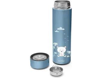 Kinderthemosfles 500ml met led temperatuurweergave Blauw met Beer van Roestvrij staal