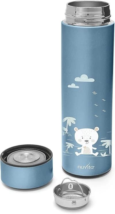 Kinderthemosfles 500ml met led temperatuurweergave Blauw met Beer van Roestvrij staal