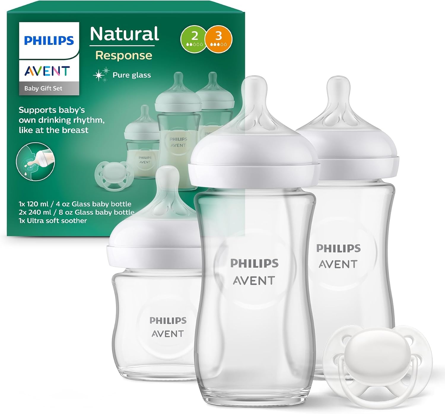 Philips Avent glazen babyfles cadeauset voor pasgeboren baby's - 3 babymelkflessen, ultra soft-fopspeen voor baby's van 0-6 maanden en ouder (model SCD878/11)
