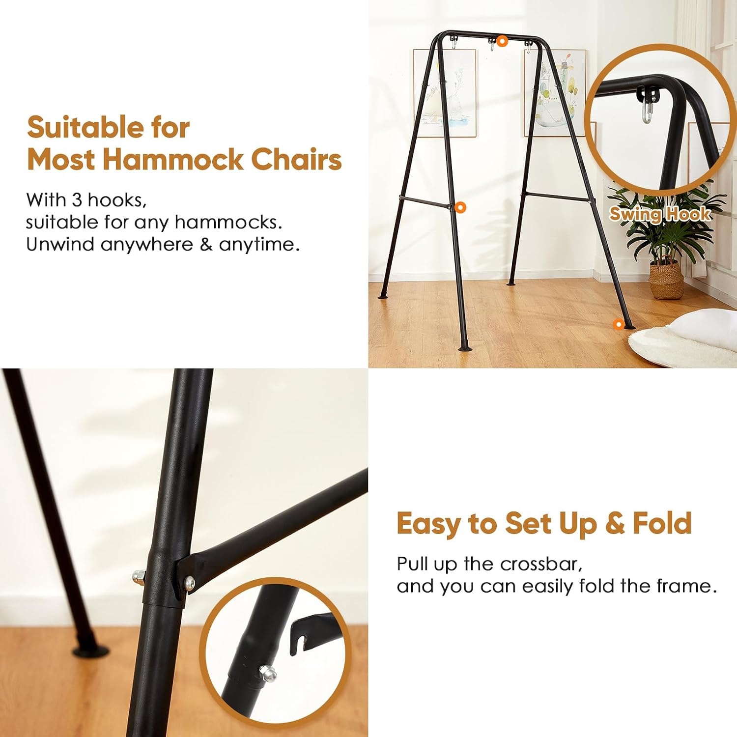 Foldable Hammock Stand, Portable Hammock Chair Standard, Heavy-Duty Foldable Hammock Frame for Indoor or Outdoor Garden, Easy to Assemble (Hammock Chair Not Included)
