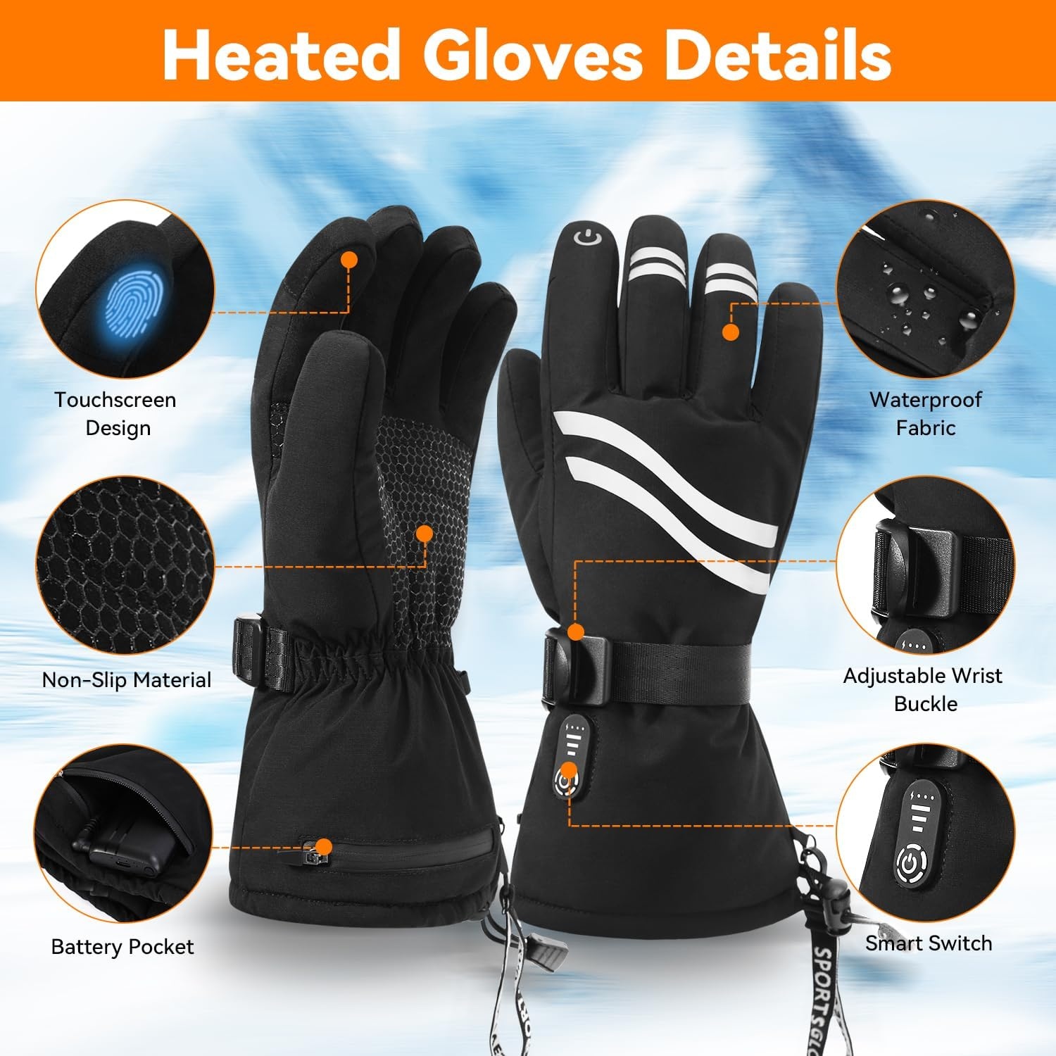 Verwarmbare Handschoenen Skiën - 3 Warmtestanden, Waterdicht, Zwart 2XL