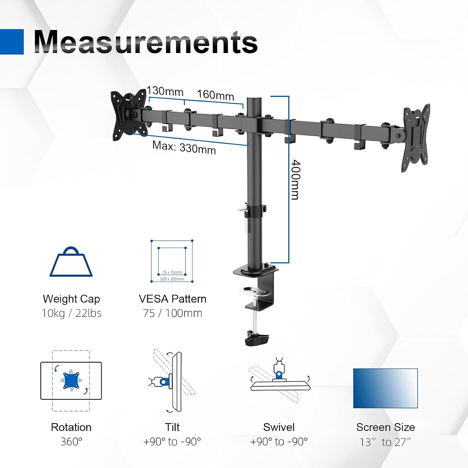 GRIFEMA Dubbele Monitor Arm - Voor 13-27 inch schermen - Zwart