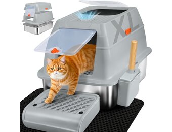 Kattenbak van Roestvrij Staal Met Deksel, Kattenbox Groot XL,Stainless Steel Cat Litter Box, Gesloten Kattentoilet Met Hoge Rand, Twee Ingangen, Schepje+Matje+Opstapje- 60x 40x39,5cm (Grijs)