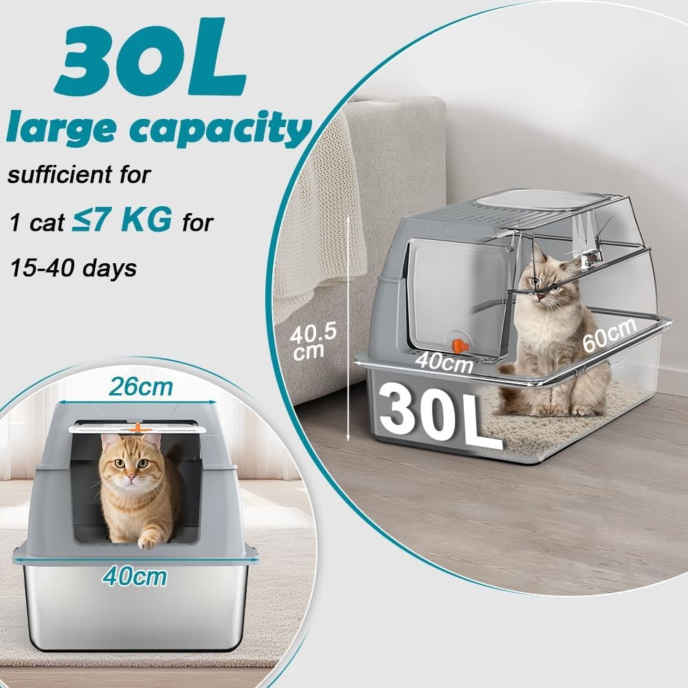 Kattenbak van Roestvrij Staal Met Deksel, Kattenbox Groot XL,Stainless Steel Cat Litter Box, Gesloten Kattentoilet Met Hoge Rand, Twee Ingangen, Schepje+Matje+Opstapje- 60x 40x39,5cm (Grijs)