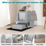 Kattenbak van Roestvrij Staal Met Deksel, Kattenbox Groot XL,Stainless Steel Cat Litter Box, Gesloten Kattentoilet Met Hoge Rand, Twee Ingangen, Schepje+Matje+Opstapje- 60x 40x39,5cm (Grijs)