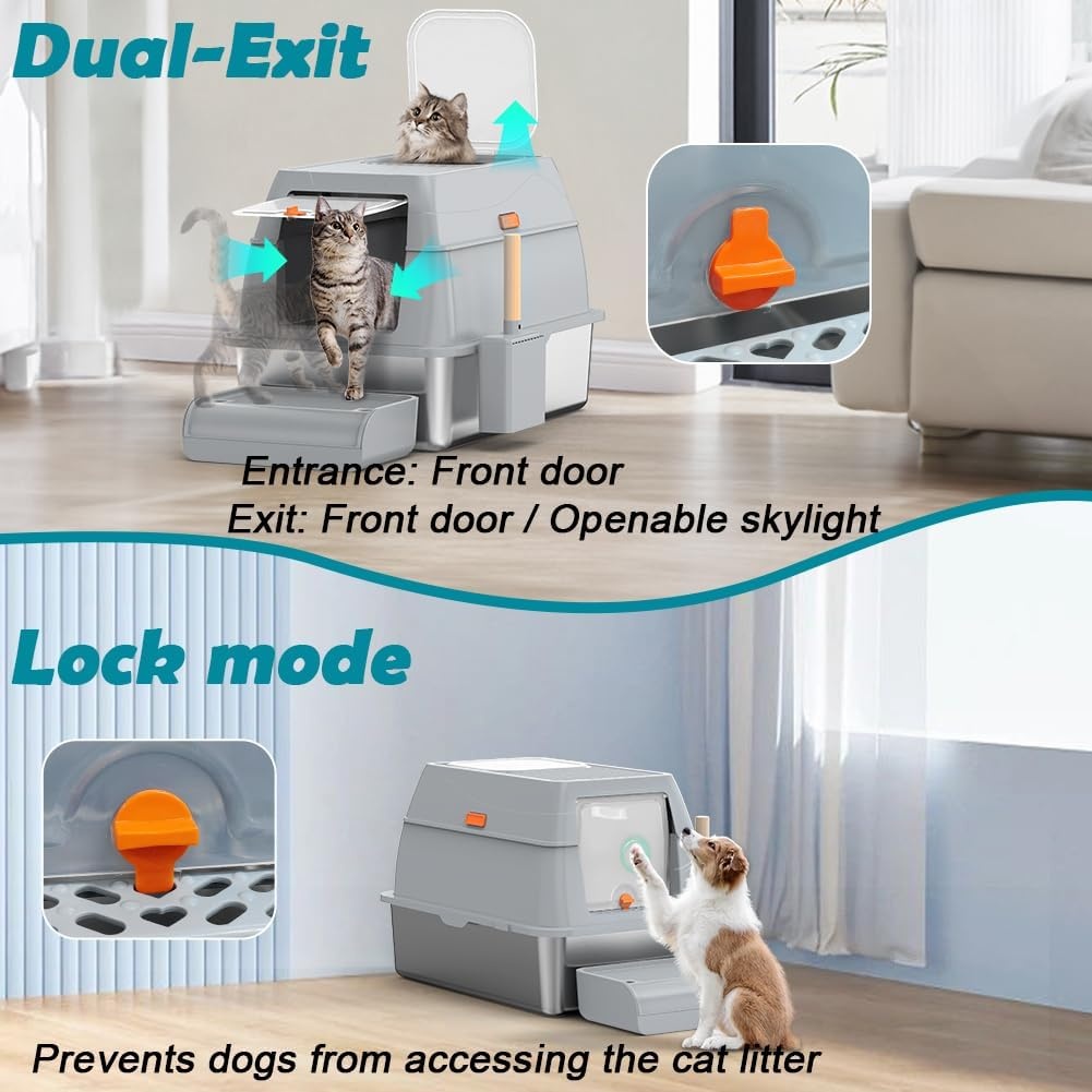 Kattenbak van Roestvrij Staal Met Deksel, Kattenbox Groot XL,Stainless Steel Cat Litter Box, Gesloten Kattentoilet Met Hoge Rand, Twee Ingangen, Schepje+Matje+Opstapje- 60x 40x39,5cm (Grijs)