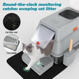Kattenbak van Roestvrij Staal Met Deksel, Kattenbox Groot XL,Stainless Steel Cat Litter Box, Gesloten Kattentoilet Met Hoge Rand, Twee Ingangen, Schepje+Matje+Opstapje- 60x 40x39,5cm (Grijs)