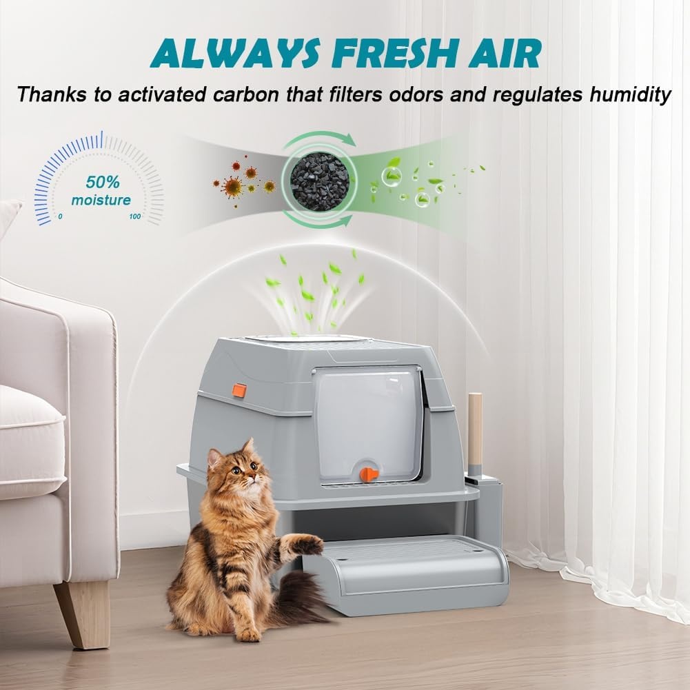 Kattenbak van Roestvrij Staal Met Deksel, Kattenbox Groot XL,Stainless Steel Cat Litter Box, Gesloten Kattentoilet Met Hoge Rand, Twee Ingangen, Schepje+Matje+Opstapje- 60x 40x39,5cm (Grijs)