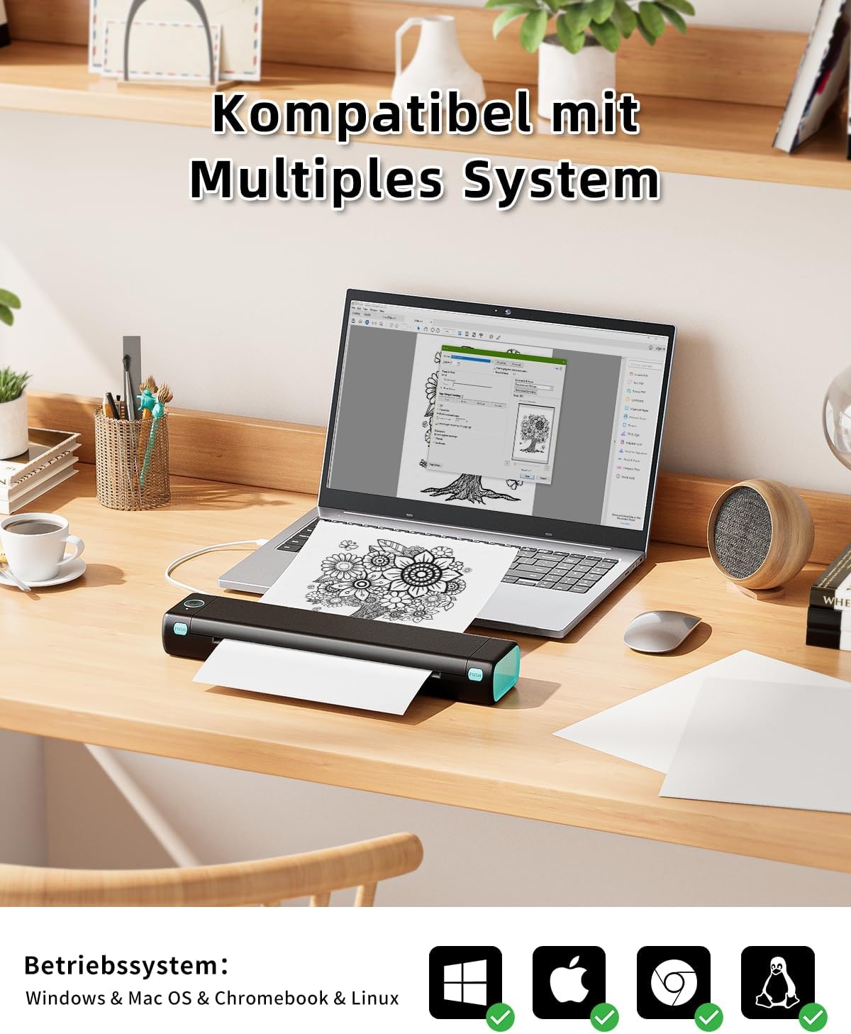 Phomemo M08F Thermal Printer - Portable Wireless A4 Mobile Printers for Home Office, Bluetooth Inkless Printer Compatible with Laptops & Smartphone,Black