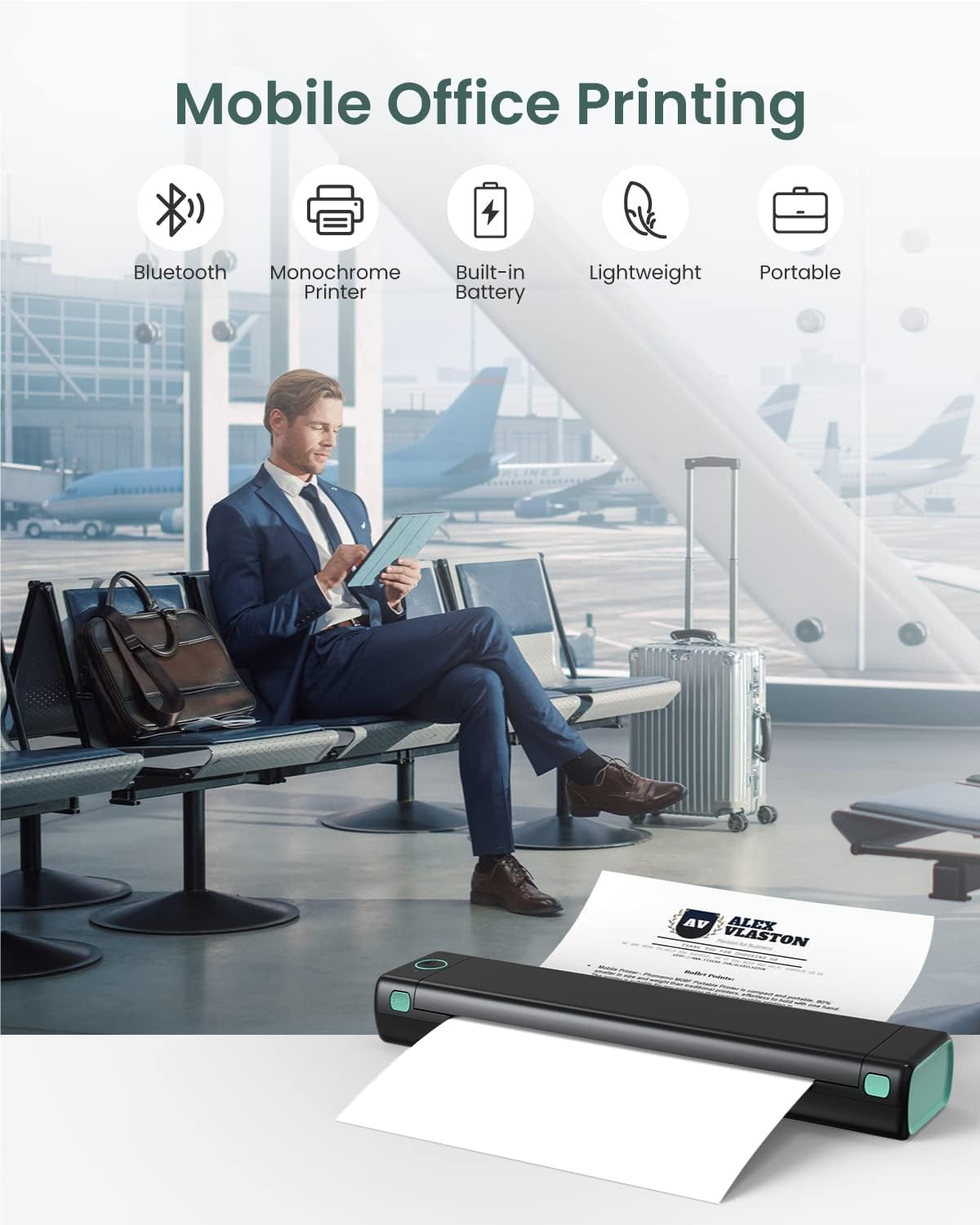 Phomemo M08F Thermal Printer - Portable Wireless A4 Mobile Printers for Home Office, Bluetooth Inkless Printer Compatible with Laptops & Smartphone,Black