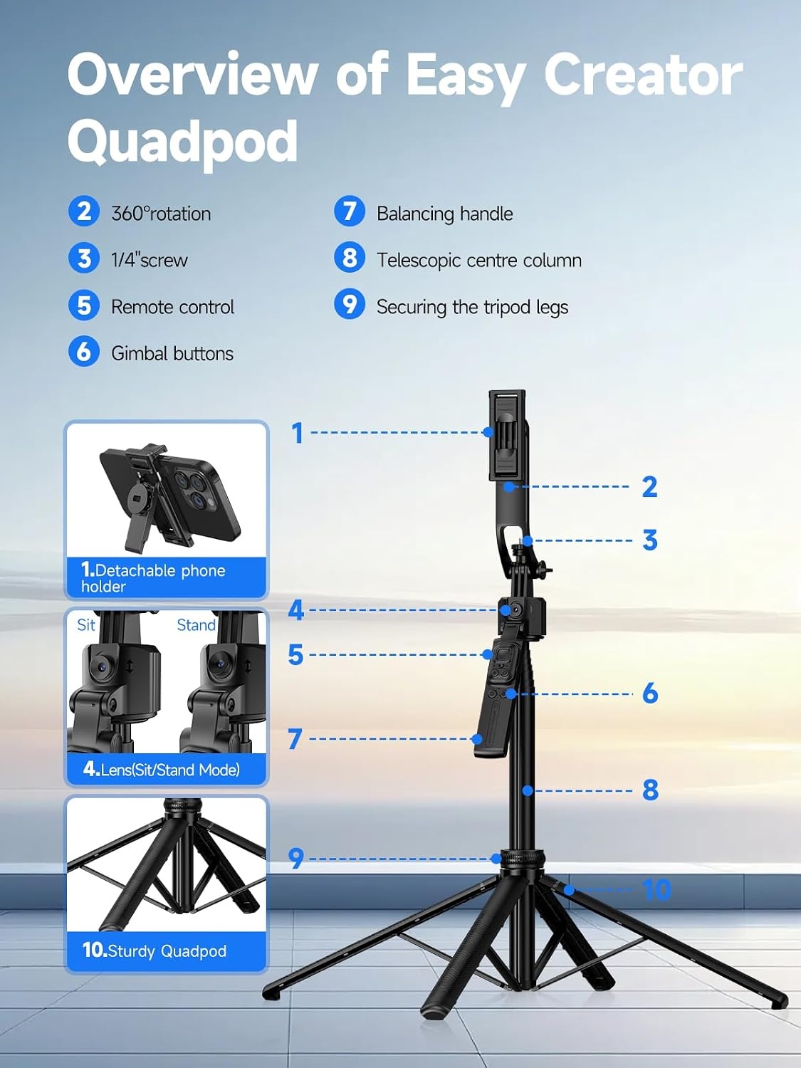 Rollei Easy Creator Quadpod AI met 360° Tracking en Bluetooth Afstandsbediening - 163 cm