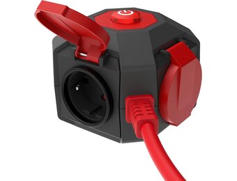 REV PowerGlobe Kubus Stekkerdoos met Schakelaar - 4-voudig - IP44 - Zwart/Rood - 1,4 meter