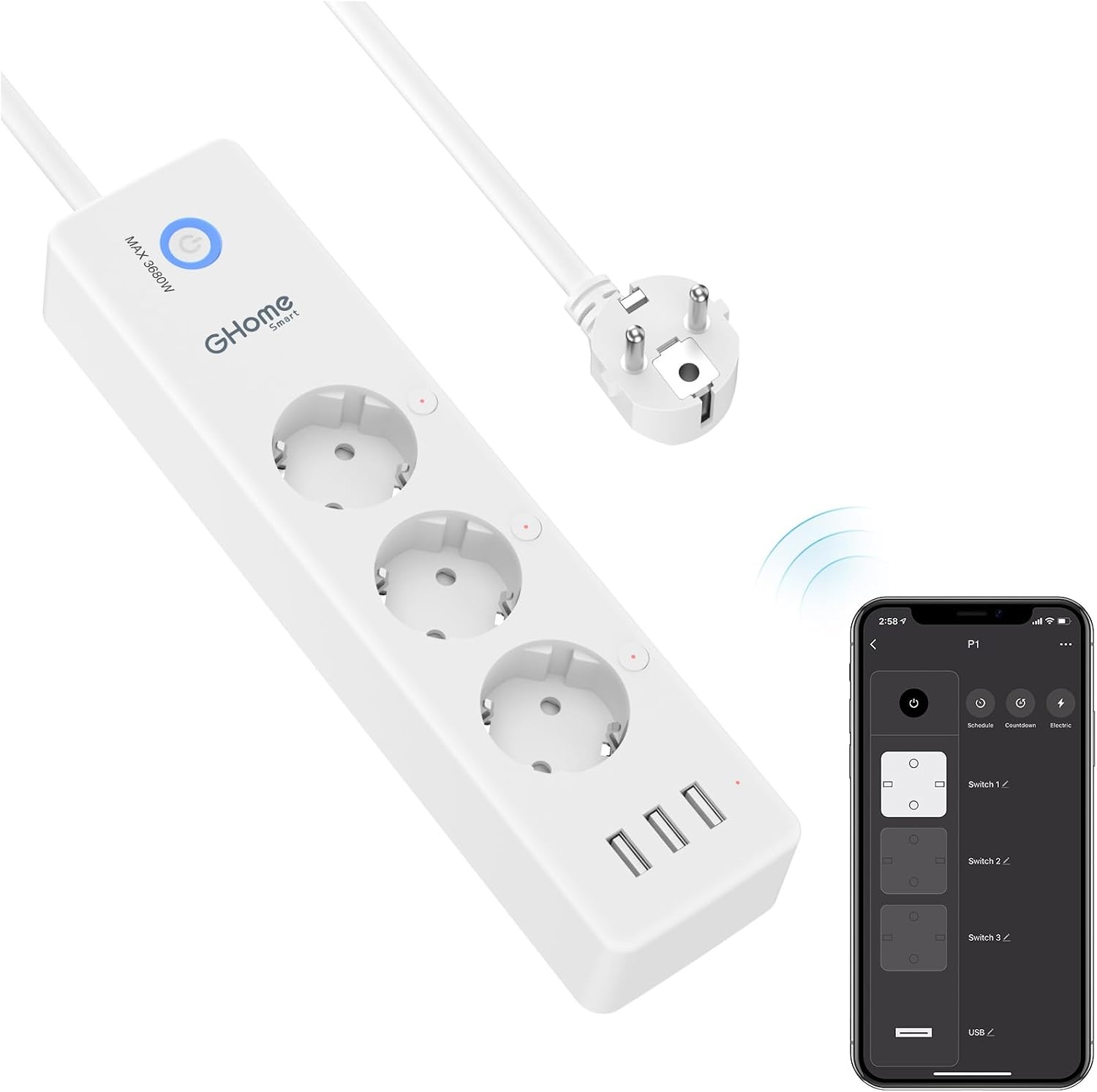 Usmart Smart WiFi Stekkerdoos met 3 Stopcontacten en 3 USB-poorten - Surge Protection - Wit/Zwart