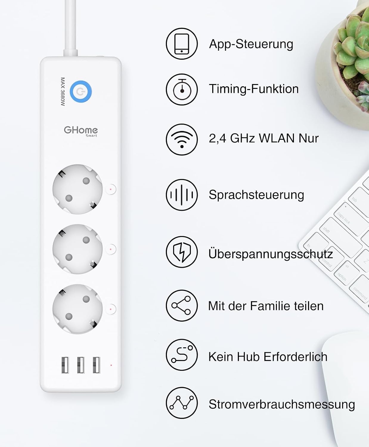 Usmart Smart WiFi Stekkerdoos met 3 Stopcontacten en 3 USB-poorten - Surge Protection - Wit/Zwart