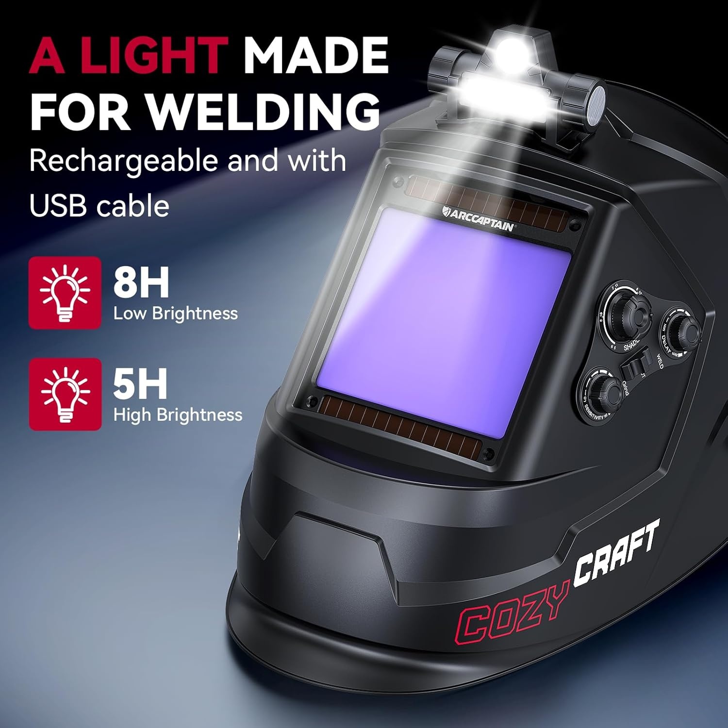 ARCCAPTAIN Grote Weergave 3.95 "x 3.6" True Color Auto Verduistering Lashelm met Licht, Zonne-aangedreven Laskap, 4 Arc Sensor Brede Schaduw 4/5-9/9-13 voor Stick MIG TIG Cut