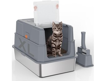 SZEE XL roestvrijstalen kattenbak met 180° klapdeksel, Kattenbak met hoge rand van roestvrij staal met deksel, Roestvrijstalen kattenbak met schepje - 58,3x37,1x37,5 cm, Donkergrijs