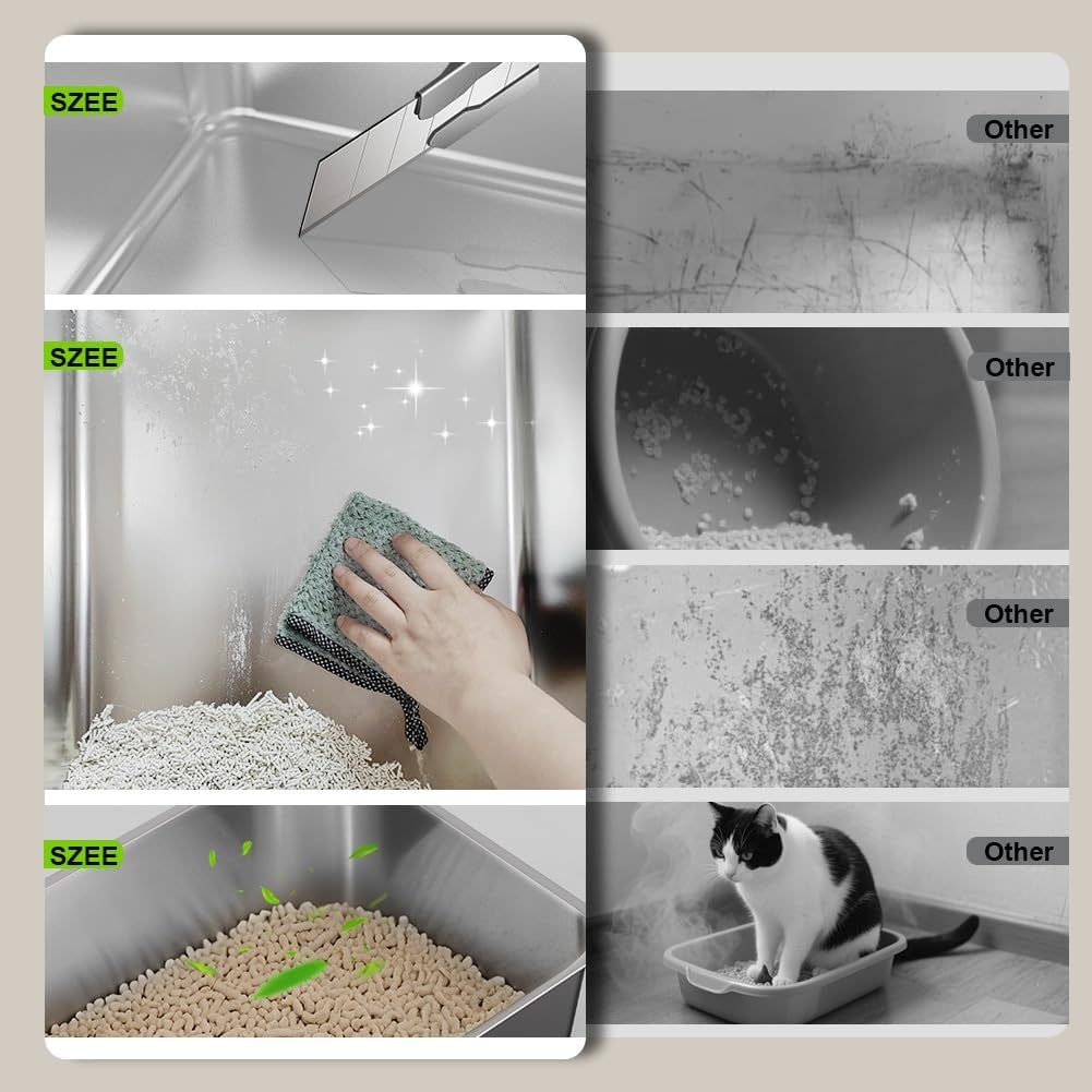 SZEE XL roestvrijstalen kattenbak met 180° klapdeksel, Kattenbak met hoge rand van roestvrij staal met deksel, Roestvrijstalen kattenbak met schepje - 58,3x37,1x37,5 cm, Donkergrijs