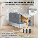 SZEE XL roestvrijstalen kattenbak met 180° klapdeksel, Kattenbak met hoge rand van roestvrij staal met deksel, Roestvrijstalen kattenbak met schepje - 58,3x37,1x37,5 cm, Donkergrijs