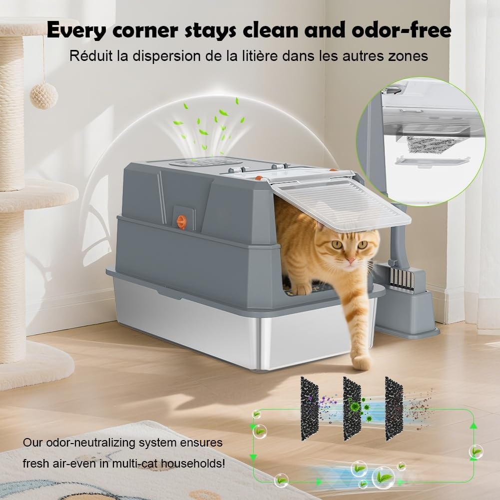 SZEE XL roestvrijstalen kattenbak met 180° klapdeksel, Kattenbak met hoge rand van roestvrij staal met deksel, Roestvrijstalen kattenbak met schepje - 58,3x37,1x37,5 cm, Donkergrijs