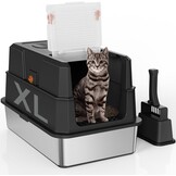 SZEE XL roestvrijstalen kattenbak met 180° klapdeksel, Kattenbak met hoge rand van roestvrij staal met deksel, Roestvrijstalen kattenbak met schepje - 58,3x37,1x37,5 cm, Donkergrijs