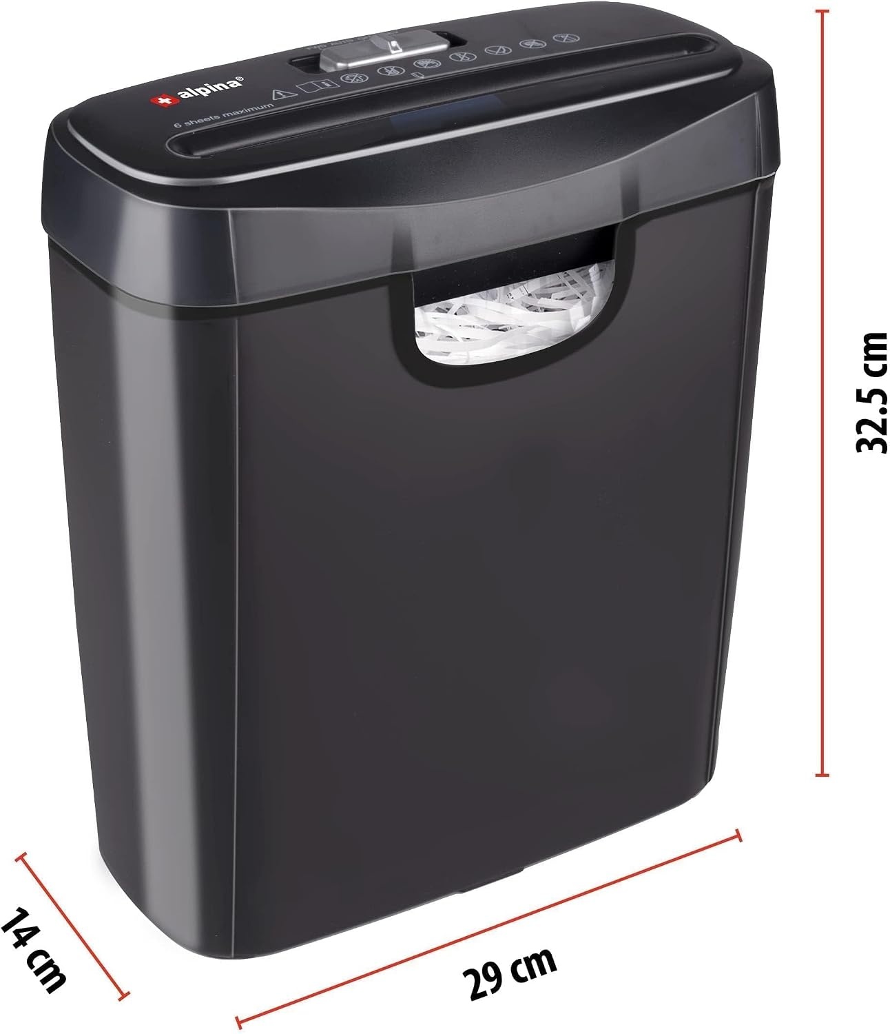 Alpina Papierversnipperaar – Papiervernietiger voor Thuis en Kantoor – Shredder Vernietigt Creditcard – Versnipper 6 A4 Vellen in 1 Keer – 10L Bak – 190W Vermogen – Stroken – Zwart