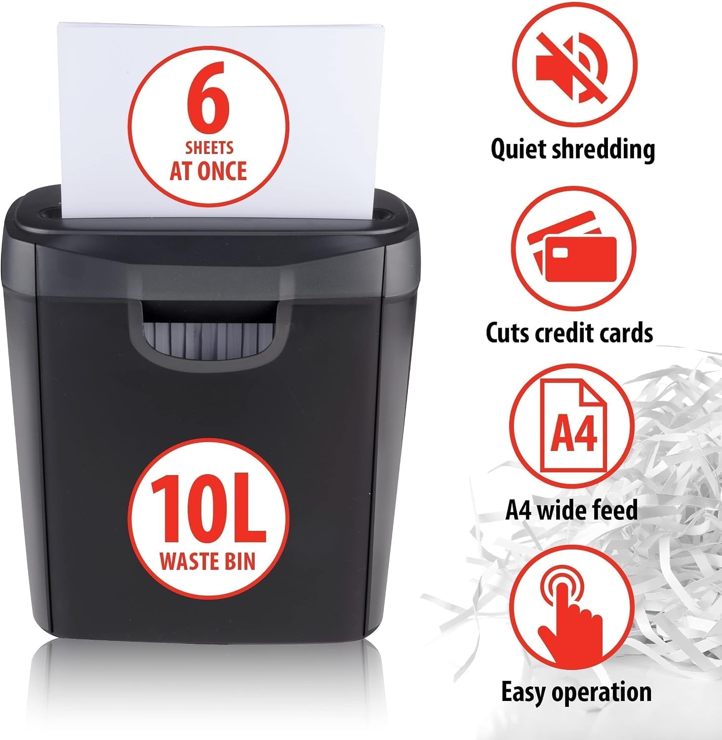 Alpina Papierversnipperaar – Papiervernietiger voor Thuis en Kantoor – Shredder Vernietigt Creditcard – Versnipper 6 A4 Vellen in 1 Keer – 10L Bak – 190W Vermogen – Stroken – Zwart