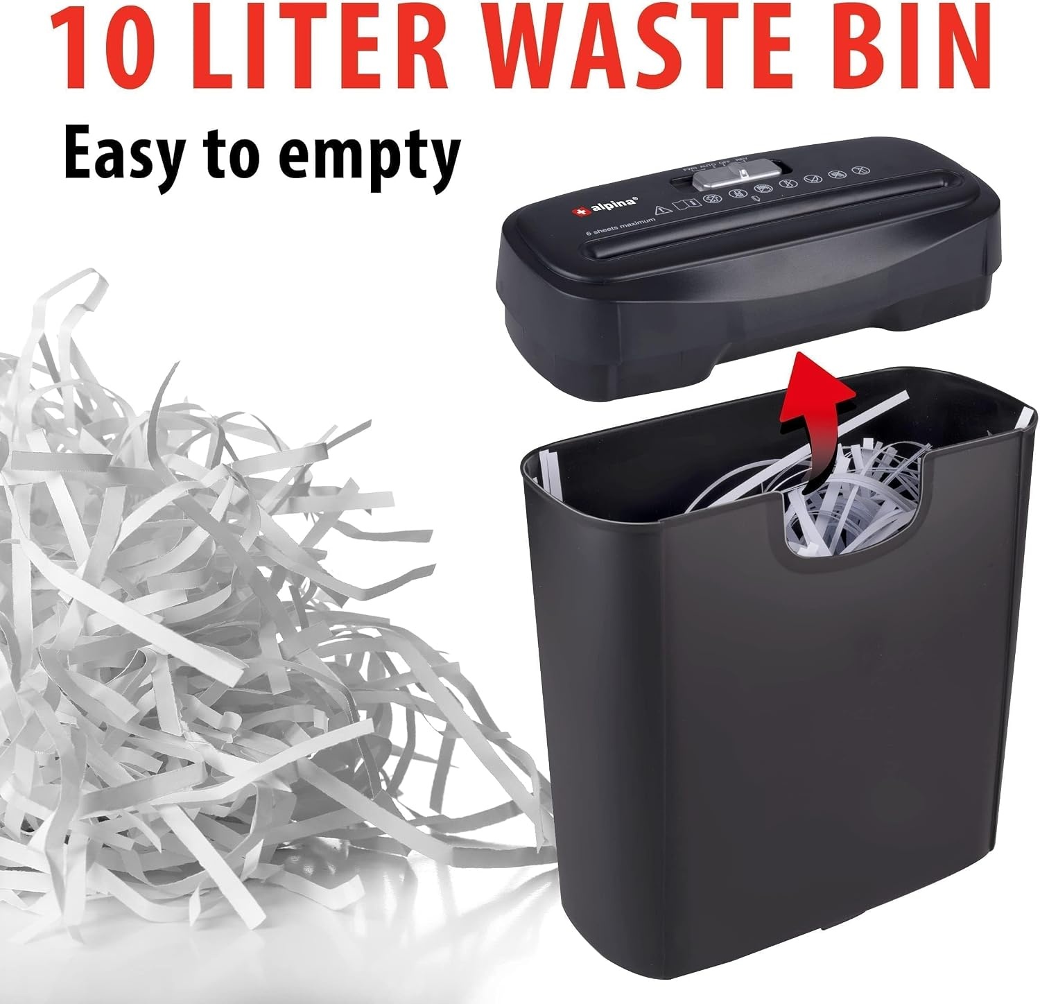 Alpina Papierversnipperaar – Papiervernietiger voor Thuis en Kantoor – Shredder Vernietigt Creditcard – Versnipper 6 A4 Vellen in 1 Keer – 10L Bak – 190W Vermogen – Stroken – Zwart