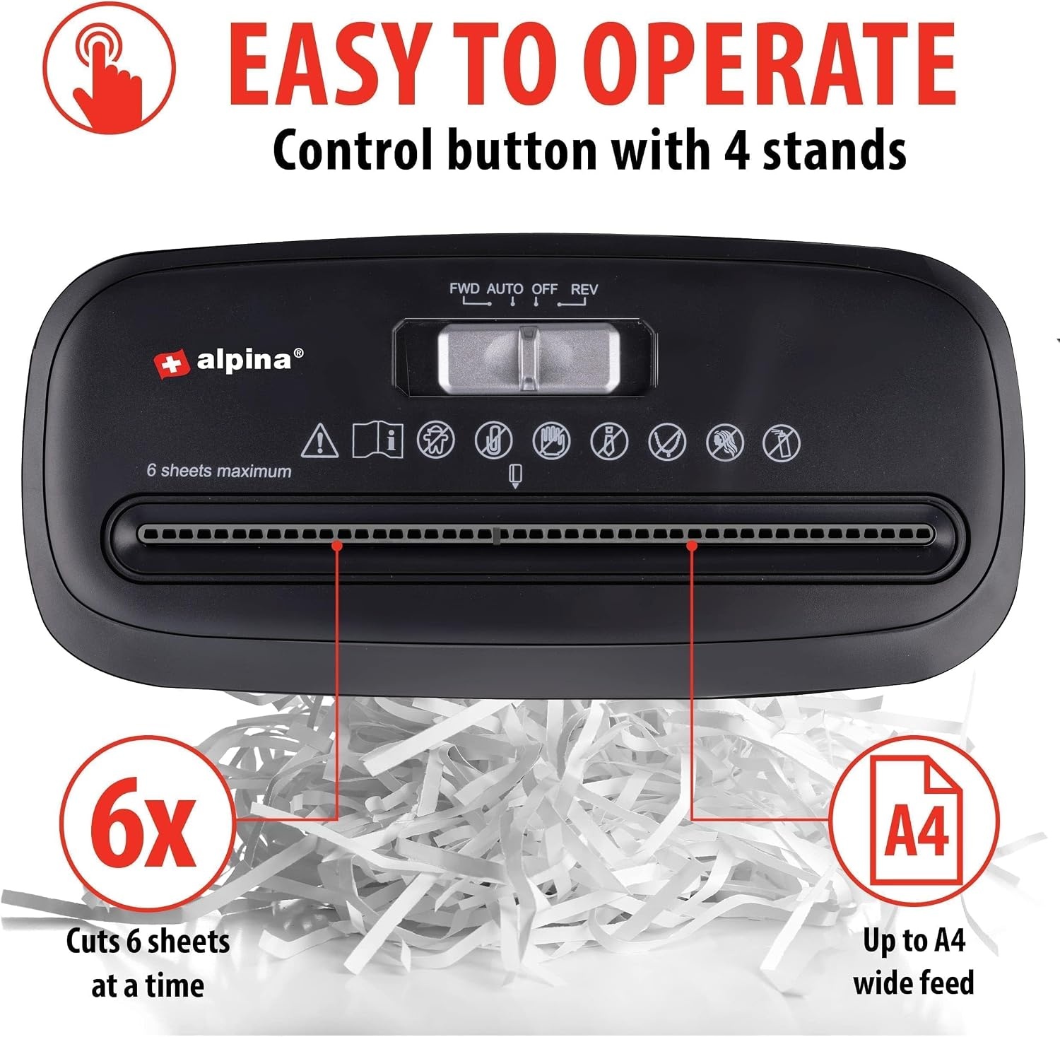 Alpina Papierversnipperaar – Papiervernietiger voor Thuis en Kantoor – Shredder Vernietigt Creditcard – Versnipper 6 A4 Vellen in 1 Keer – 10L Bak – 190W Vermogen – Stroken – Zwart