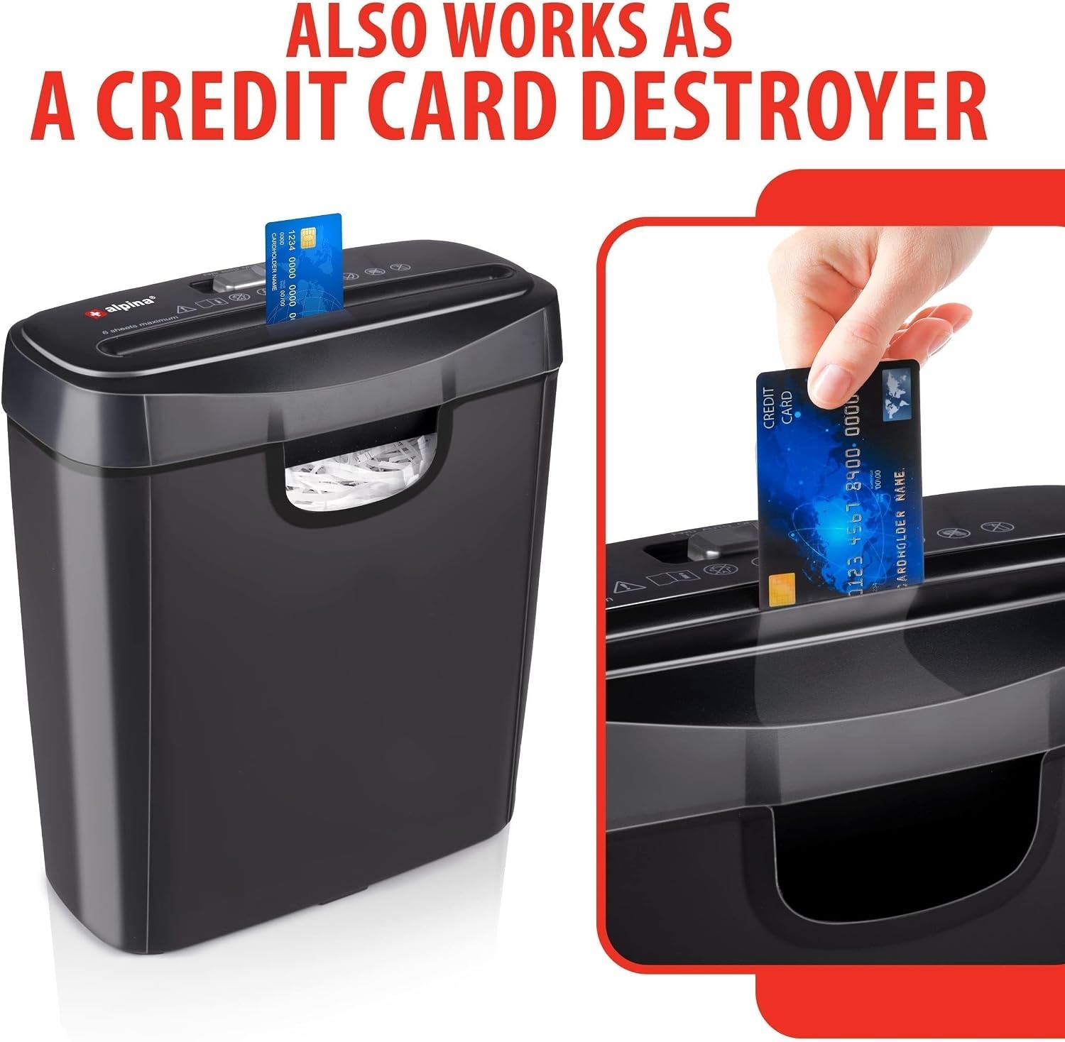 Alpina Papierversnipperaar – Papiervernietiger voor Thuis en Kantoor – Shredder Vernietigt Creditcard – Versnipper 6 A4 Vellen in 1 Keer – 10L Bak – 190W Vermogen – Stroken – Zwart