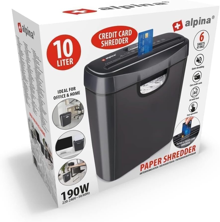 Alpina Papierversnipperaar – Papiervernietiger voor Thuis en Kantoor – Shredder Vernietigt Creditcard – Versnipper 6 A4 Vellen in 1 Keer – 10L Bak – 190W Vermogen – Stroken – Zwart