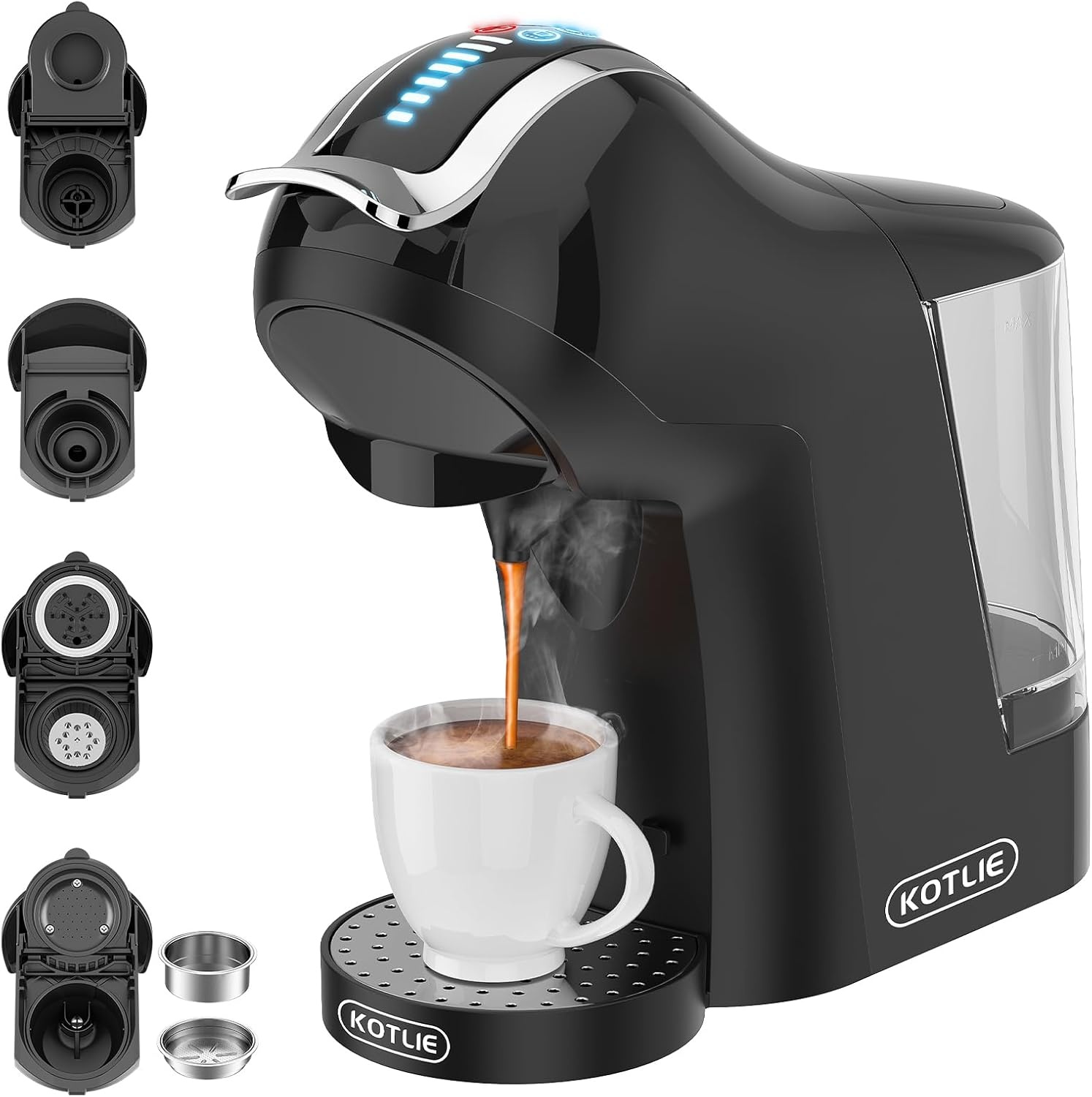 KOTLIE 5-in-1 koffiezetapparaat met koude en warme extractie voor Nespresso Original/Dolce Gusto/gemalen koffie / ESE (44 mm) / Lavazza a modo mio (EM-308A)