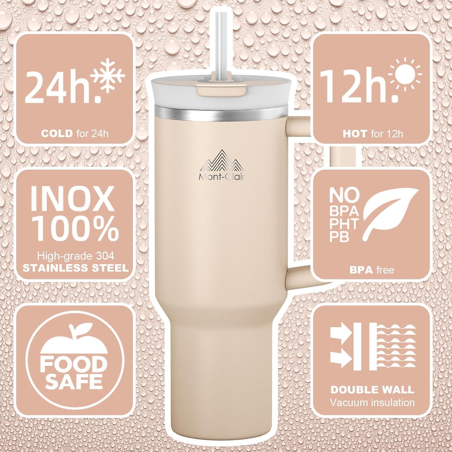Mont-Clair Drinkbeker 1200 ml met rietje en deksel - Geïsoleerde RVS Beker - Frosted Rose Quartz