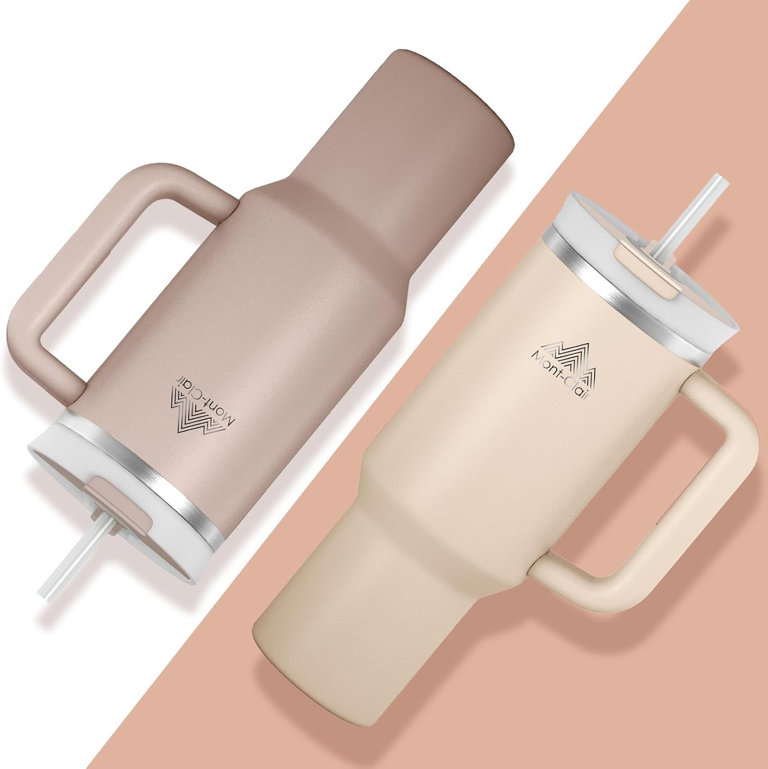 Mont-Clair Drinkbeker 1200 ml met rietje en deksel - Geïsoleerde RVS Beker - Frosted Rose Quartz