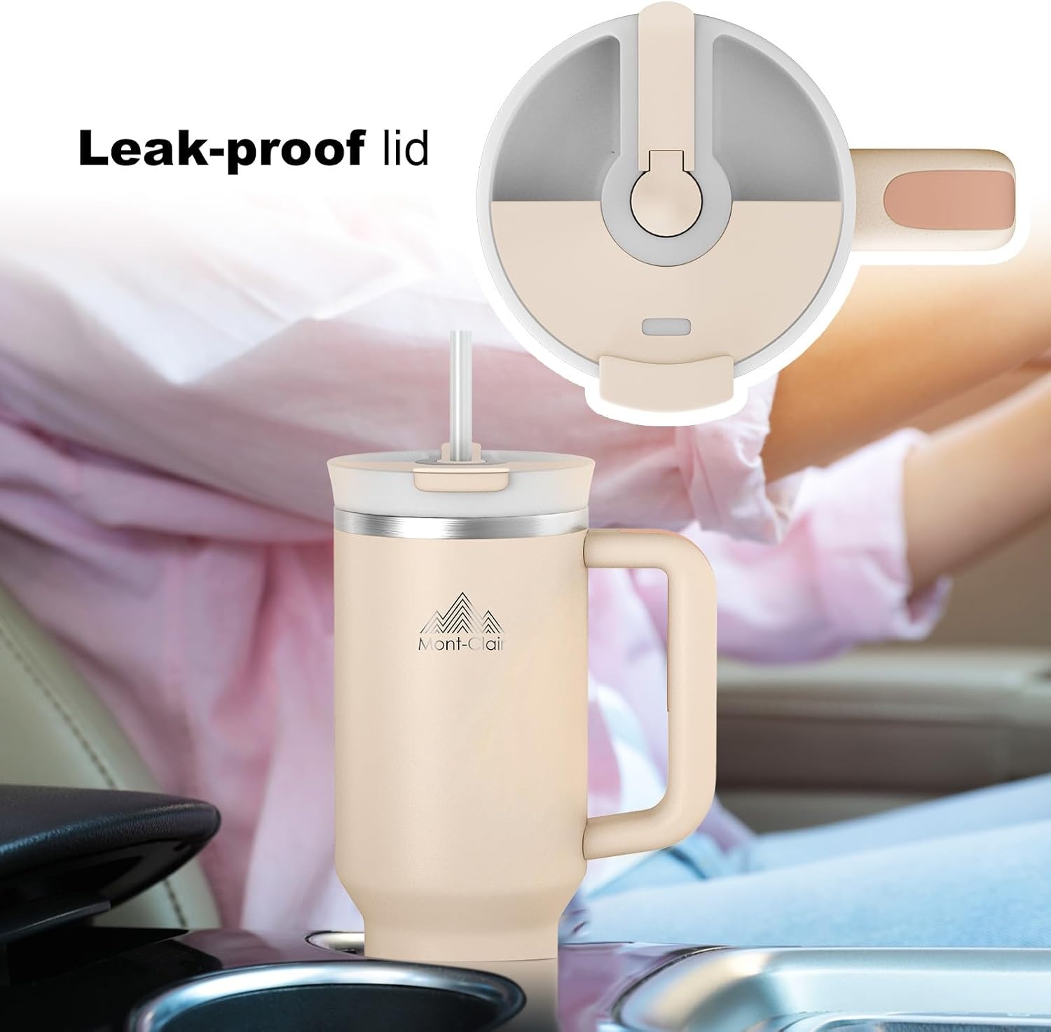 Mont-Clair Drinkbeker 1200 ml met rietje en deksel - Geïsoleerde RVS Beker - Frosted Rose Quartz