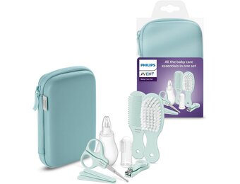 Philips Avent Baby Care Set - Essential Baby Care Set with 9 Accessories, Nail Clipper, Scissors, 3 Emery Boards, Bomb, Hairbrush, Nasal Aspirator and Finger Toothbrush (Model SCH401/00)