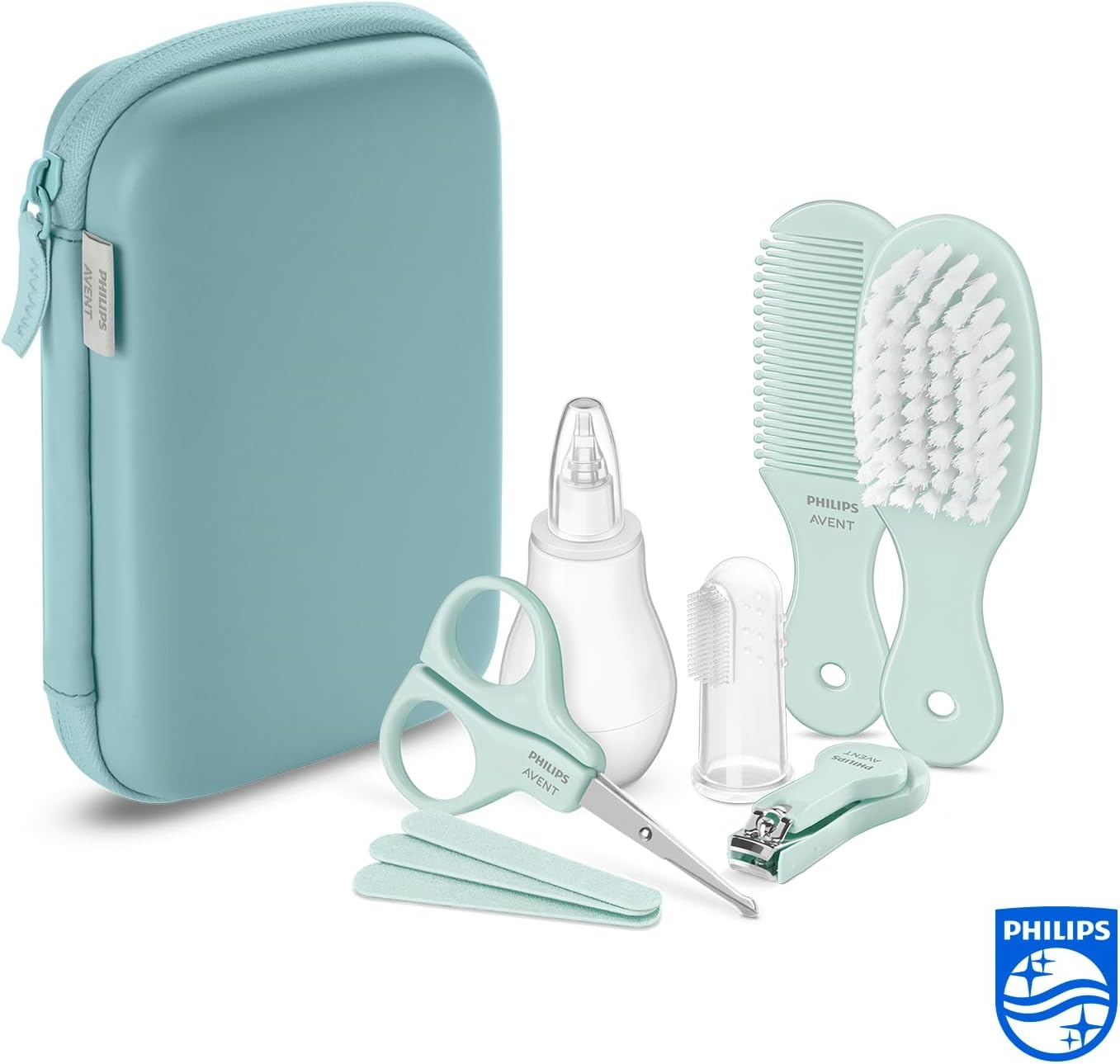 Philips Avent Baby Care Set - Essential Baby Care Set with 9 Accessories, Nail Clipper, Scissors, 3 Emery Boards, Bomb, Hairbrush, Nasal Aspirator and Finger Toothbrush (Model SCH401/00)