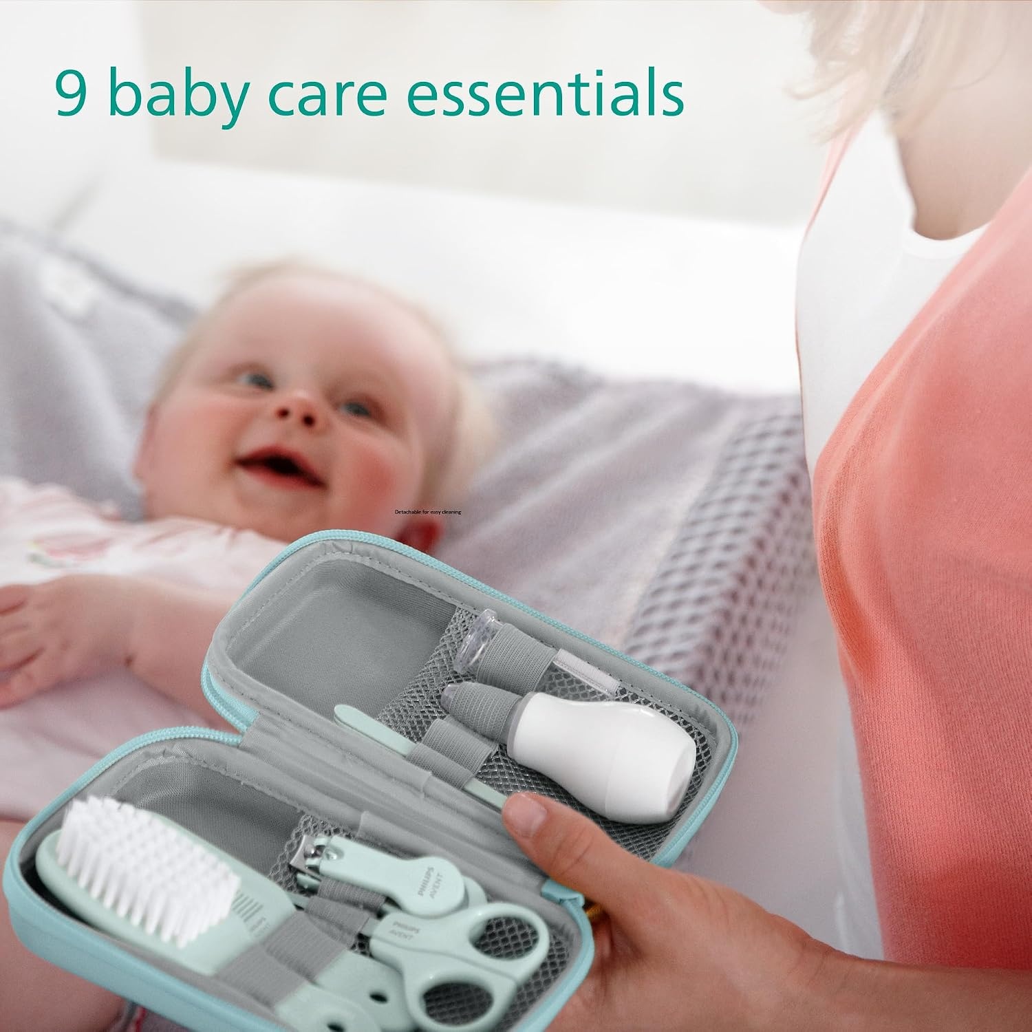 Philips Avent Baby Care Set - Essential Baby Care Set with 9 Accessories, Nail Clipper, Scissors, 3 Emery Boards, Bomb, Hairbrush, Nasal Aspirator and Finger Toothbrush (Model SCH401/00)